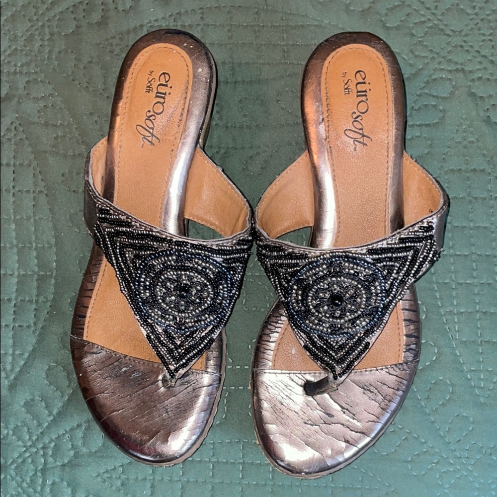 Women's Black and Silver Beaded Detail Sandals Wedge Heel